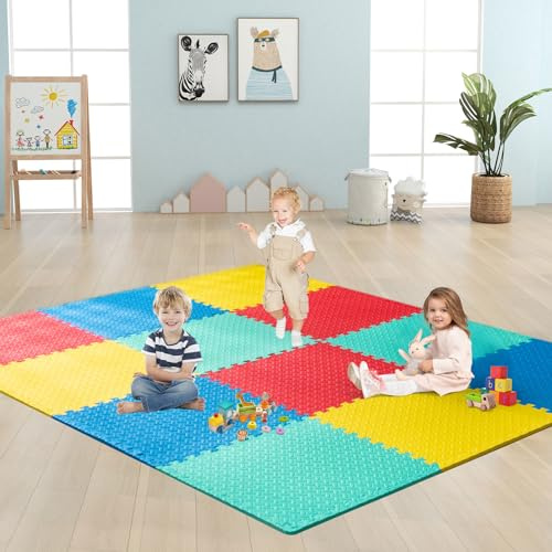 HONEY JOY Foam Floor Tiles for Kids, EVA Interlocking Baby Soft Puzzle Play Mat with Borders, Non-Slip Large Carpet Rug, for Baby Crawling Exercise & Development, Playroom, Bedroom (12 Pieces)