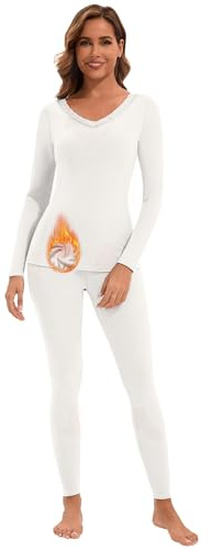 WOWENY Biancheria intima termica da donna, con scollo a V, calda, termica, traspirante, funzionale, V-bianco, S