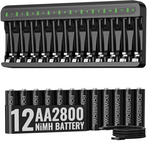 POWEROWL 12 Pcs 2800mAh AA Rechargeable Batteries with Charger Set | 12 Slot Smart Battery Charger Set, Type C Input 5V 2A Charging for Ni-MH Rechargeable Batteries