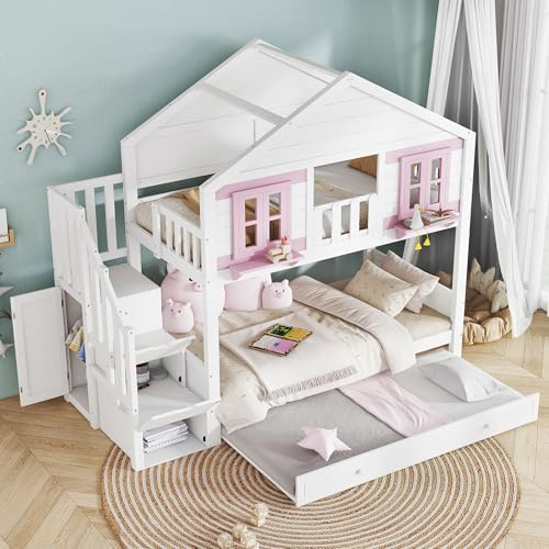 NNJN Litera con cama plegable, cama infantil, zona para colgar ropa, con bonitas ventanas y techo, somier de láminas estable, pino + MDF, madera contrachapada, blanco y rosa, 90 x 200 cm