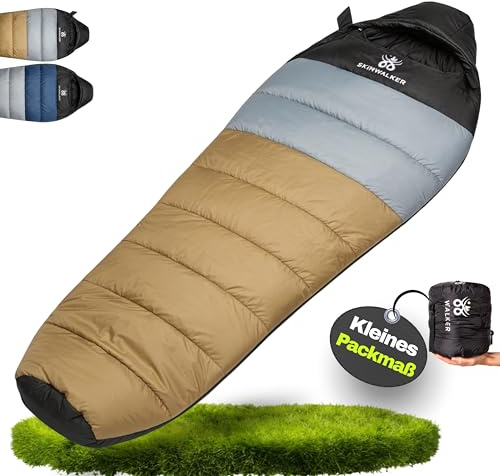 SKINWALKER Schlafsack 3-4 Jahreszeiten mit [Kleines Packmaß 1400g] Winter & Sommer Schlafsack, Mumienschlafsack Outdoor,Schlafsäcke für Camping & Wandern (Ocker-grau)