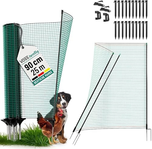 VOSS.farming Begrenzungszaun Classic ohne Strom 25m, Begrenzungszaun mit Tür, 90cm, 15 Pfähle, 1 Spitze, grün, Kleintiernetz, mobiler Zaun, Gartenzaun