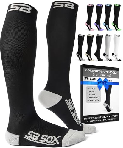 SB SOX Compression Socks for Men & Women (20-30mmHg) – Best Compression Socks for Flying, Medical, Sports, Wide Calf Fit, and Daily Wear (Black/Gray, Large)