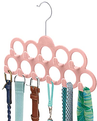 ManGotree Samt-Schalbügel, Schal-Organizer, Beflocktes Samt-Finish, Schalhalter mit 11 Schlaufen und Haken für Schals, Schals, Krawatten, Gürtel oder anderes Zubehör, Rosa, 2er-Pack