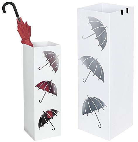 BAKAJI Portaombrelli Stand in Ferro Design Colore Bianco con Vaschetta Salvagoccia e Ganci per Ombrelli Dimensioni 49 x 15,5 cm