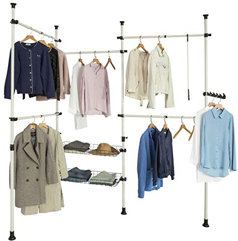 SoBuy Teleskop Kleiderständer, robuster Kleiderstange, verstellbarer offener Kleiderschrank mit Ablagen für Schlafzimmer, Garderobenständer, Weiß KLS04-II-W