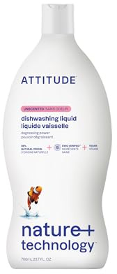 ATTITUDE Washing Up Liquid, Cuts Grease & Removes Food Residue, Gentle on Hands, Plant-Based Cleaning Liquid, Vegan Dish Soap, Unscented, 700 mL