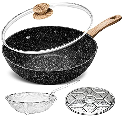 MICHELANGELO Non-Stick Wok Set, 28cm with Lid, Frying Basket & Steam Rack, Deep Frying Pan