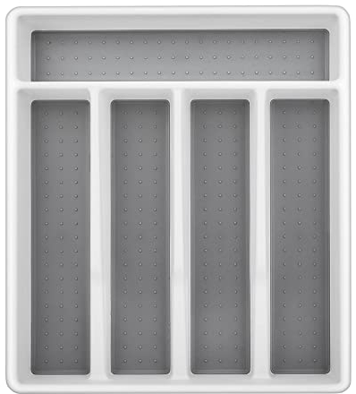 Herogo Cutlery Tray, 5 Compartments Cutlery Organiser, Plastic Drawer Organiser for Home Kitchen Office, Anti-Slip Utensils Tray for Spoon Fork Knife, 32.5x29x4.5cm - White Grey
