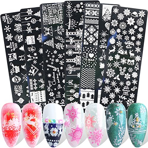 JMEOWIO Nagel Stamping Schablone Weihnachten 6 Stück Nagelstempel Schablone Nail Art Dekoration Nageldesign Zubehör Schnee/Rentier/Glocke/Schneemann