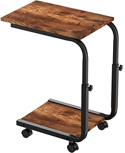 SIMPDIY Side Table Height Adjustable End/Bedside Table with 4 Wheels for Sofa Bedroom Living Room Office, Coffee Tables for Small Spaces, Stable, Heavy Duty Iron, Rustic Brown