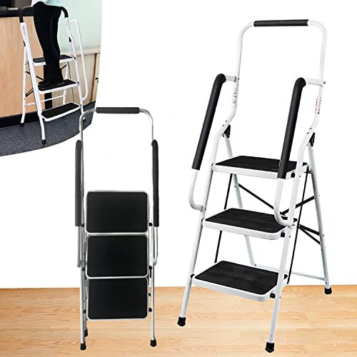 Escabeau en Acier de 3 Marches Marche Pied Pliant Hauteur 130,5cm Echelle Domestique Portable avec Poignée, Barre de Sécurité et Pieds Anti Dérapant, Max 150Kg