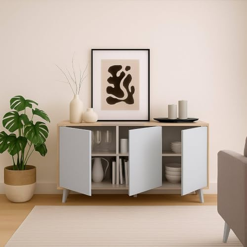 Dmora - Credenza Weddell, Buffet da Soggiorno, Madia da Salotto, Dispensa da Cucina, 154x40h72 cm, Rovere e Bianco