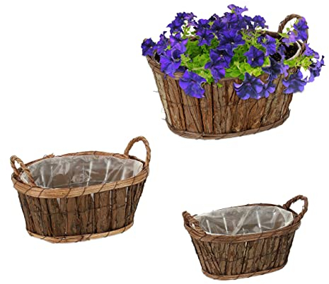 Relaxdays Blumentopf, 3er Set, Blumen & Kräuter, Pflanzenkorb mit Folie, Griffe, 3 Größen, Holz Pflanzgefäß, Natur