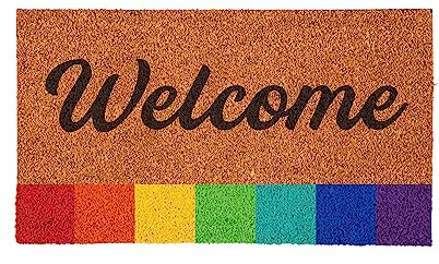 Evergreen Flag Welcome Pride Rainbow Coir Doormat | 28 x 16 inches | Dirt Catching Natural Coir | All-Season | Non-Slip Backing | Indoor and Outdoor Home Decor