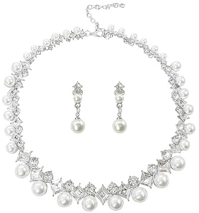 AILUOR Perlenschmuck Set für Frauen, 14K Gold/Silber plattiert Perlenkette und Ohrring Set Perlen Tropfen Ohrringe Perlen Armbänder Perlen Halskette Choker Hochzeit Brautschmuck