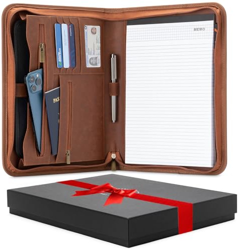 Forevermore Portfolios Padfolio Binder - Professional Faux Leather Travel Organizer Pouch for Tablet, Documents, Presentation Folders, Zipper Closure, Notepad - Brown