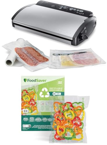 FoodSaver V2860 - Envasadora al Vacío, 2 Tipos de Envasado, 3 Velocidades, Color Negro y Plata, 43 x 29 x 10.5 cm + Foodsaver Bolsas de Envasado al Vacío Reutilizables, 5 Rollos, 36 Bolsas