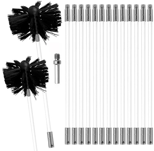 MOCNT Kaminbürste Stange Set Ofenrohrbürste Reinigungsbürste Schornsteinbürste Schornsteinfegerbesen Kaminbesen 15 Flexiblen Stangen 1 Bürstenkopf 150mm 1 Bürstenkopf 100mm