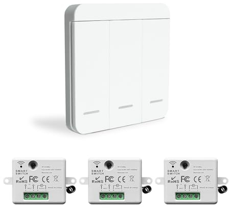 Bkiyougo Interrupteur d'éclairage sans fil, interrupteur de sécurité de l'émetteur RF et contrôleur de récepteur 10A, installation facile pour lampe jusqu'à 1500W（3 récepteur et 1 commutateurs）