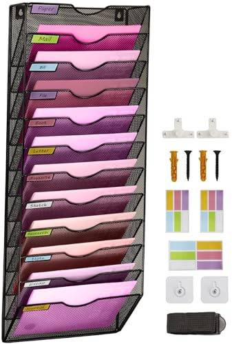 ideallife Wandmontierter Dokumentenhalter, A4-Netzgewebe in Ablage, Wandtasche, Aktenhalter, Post-Organizer, Zeitschriften-Aufbewahrungsregal, 12 Ebenen, Schreibtisch-Organizer, A4-Papieraufbewahrung
