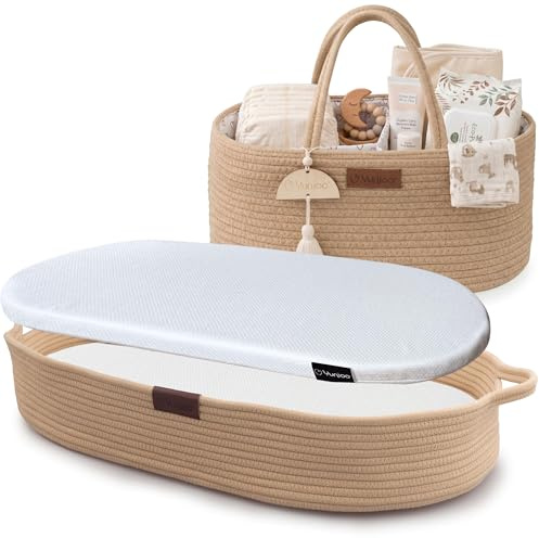Yunioo Wickelkorb mit 3 cm CentiPur Matratze & Windel-Organizer – Weicher, Stabiler Baumwollkorb für Baby Wickeltisch & Aufbewahrung, Waschbar, Faltbar, Nachhaltig, Boho Design