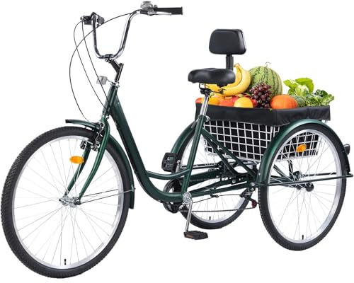 EVGTTI Adult Tricycles, 7 Speed Adult Trikes 26 inch 3 Wheel Bikes, Cruise Bike with Basket for Seniors, Women, Men for Recreation, Shopping, Exercise, Multiple Colors (Green, 26 in)