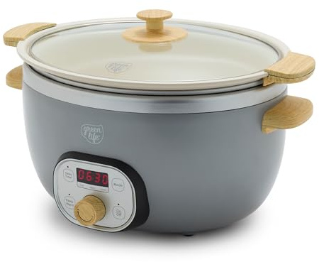 GreenLife - Olla de cocción lenta de cerámica de 6 cuartos de galón, programable sin PFAS, extraíble y saludable antiadherente para comidas familiares, sellado en estufa, mantiene el calor,