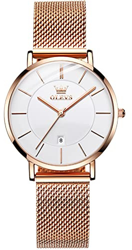 OLEVS Dam ultratunn klocka, minimalism rostfritt stål mesharmband damklocka, vattentät kvarts klockor för kvinnor, damklänning klocka med datum, A1-vit urtavla/roséguld armband, Standard