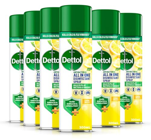 Dettol Disinfectant Spray, Lemon (6 x 300ml) 1.8L | Multipurpose use, Hard surfaces & upholstery, Antibac, No wiping needed, Lemon fragrance, Kills 99.9% of germs