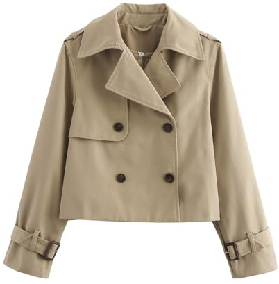 Gabardina corta para mujer, abrigo con solapa y botonadura doble, chaqueta corta para exteriores, chaquetas casuales de ajuste holgado, caqui, XL