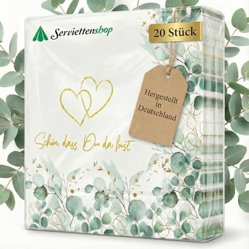 20 Servietten Hochzeit Eukalyptus Bordüre Herzen als Tischdeko. Papierservietten elegant mit Motiv für Hochzeit Heirat Liebe. Auch für Decoupage und Serviettentechnik 33x33cm