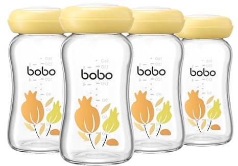 YOHKOH Premium-Glasflaschen für Muttermilch, 4 x 160 ml - zur sicheren Muttermilch Aufbewahrung, spülmaschinen-, gefrier- und mikrowellengeeignet (Gelb, 160ml (4er Pack))