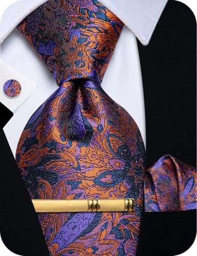 YourTies Rust Purple Ties for Men Floral Silk Necktie Pocket Square Cufflinks Tie Clip Set Wedding Party Business Formal