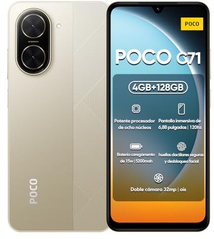 XIAOMI POCO C71 4G Smartphone 4GB+128GB Gold, UNISOC T7250 Octa-Core Processor, Immersive 6.88 120Hz display, Massive 5200mAh battery, Clear 32MP AI dual camera (UK Version + 2 Years Warranty)