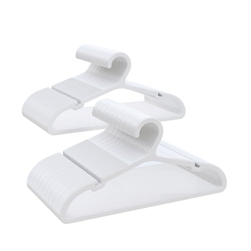 ABHENG 100 Pièces Cintres pour Enfants en Plastique, Gain de Place Cintres pour Bébés, Antidérapants, Ultra-Fins, Haute Qualité, 35L x 17,5H cm, Blanc, APY07100W