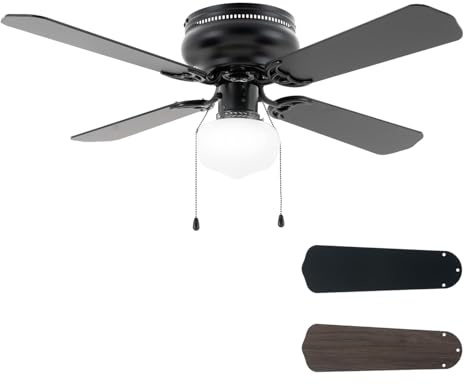 Vagizm 42 Inch Ceiling Fan Traditional: Flush Mount with LED Light - Pull Chain Control- Dual Finish Blades - Reversible for Bedroom, Home Office（Matte Black）