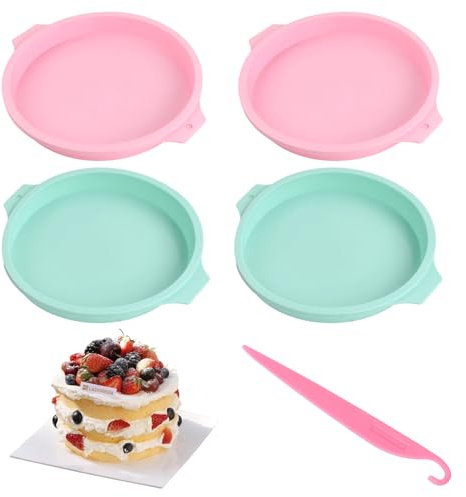 4 piezas Molde Silicona Tartas Redondo, Diámetro de 20 cm Resistente al calor molde bizcocho horno con cuchillo desmoldante para Pasteles de capas Tartas de queso Pasteles arcoíris y pasteles chiffon