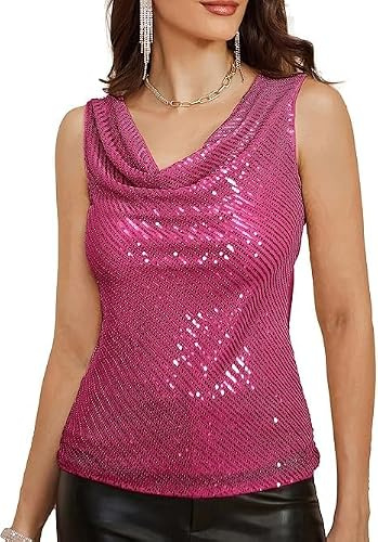 Women Sequin Sleeveless Cowl Neck Vest Clubbing Party Vest Cocktail Prom Birthday Blouse Rose Red XL
