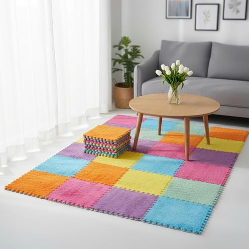 Tinideya 36 Pcs Plush Interlocking Carpet Tiles, Macaron Colors 12 x 12 x 0.4 Inch Squares EVA Foam Carpet Tiles, Machine-Washable, Anti-Slip, Puzzle Floor Mat for Home Bedroom