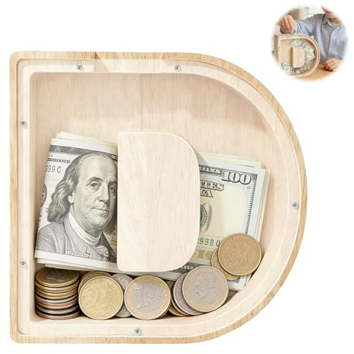 VBK Wooden Letter Money Box for Kids, Personalised Piggy Bank Letter Transparent, Saving Box Coins Cash Change, Creative Alphabet D Money Tin Children Birthday Gift for Boys and Girls