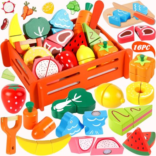 MZJAUVF Jouets en Bois Fruits et Légumes, Jeux de Cuisine Enfants avec Bois Panier, Fruits et Légumes Jouet à Couper, Jeu d'imitation Jeux Enfant 3 4 5ans, Montessori Education Jouets Enfants Cadeau