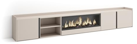 Skraut Home | Mueble TV | Muebles de salón, almacenaje | 315x50x35 cm | para televisión hasta 80 | Chimenea eléctrica XXL | Estilo Moderno | Beige