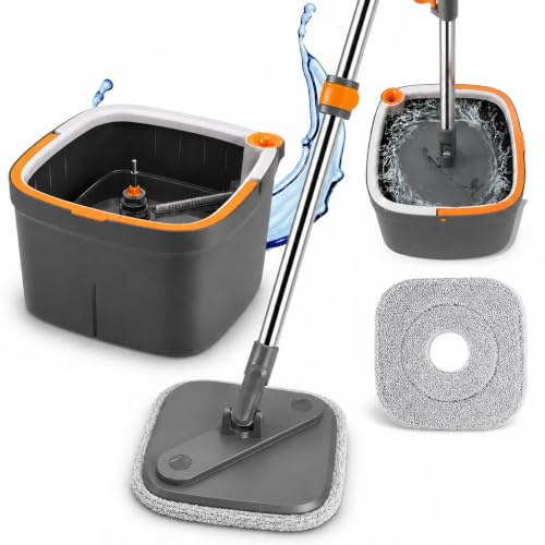KITCHAHOME - Mopa Fregona con Cubo Escurridor, Fregona Plana de Microfibra con Escurrido Giratorio, Cubo Doble Agua Limpia y Sucia, Limpieza Fácil para Hogar