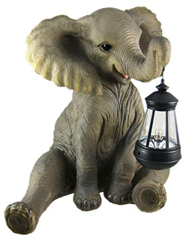 Things2Die4 Enchanting African Elephant Statue with Lantern- Adorable Porch and Garden Decor - 13.5 Inches High - Hand-Painted Outdoor Sculpture for Nature Lovers
