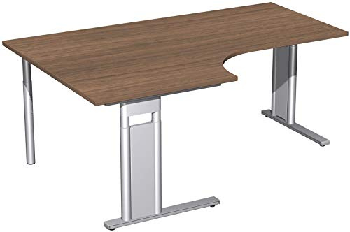 Geramöbel PC-Schreibtisch links höhenverstellbar, C Fuß Blende optional, 1800x1200x680-820, Nussbaum/Silber