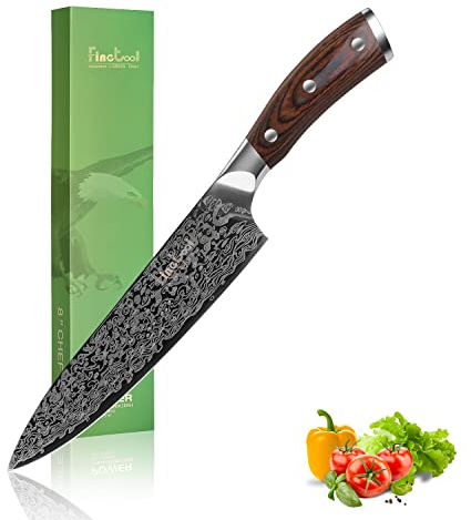 FineTool Coltello da cucina, 20 cm, coltello da cucina professionale 7Cr17mov in acciaio inox con legno Pakkawood, coltello da cucina più affilato, ottima scelta per cucina e ristorante a casa