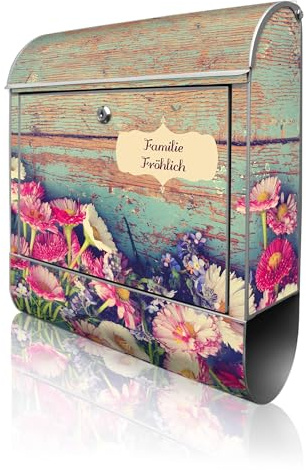 banjado Design Briefkasten personalisiert 38,5x46,5x13cm & 2 Schlüssel - Briefkasten Stahl Silber Zeitungsfach pulverbeschichtet - Postkasten A4 Einwurf inkl. Montagematerial - Motiv Blumenpfücken