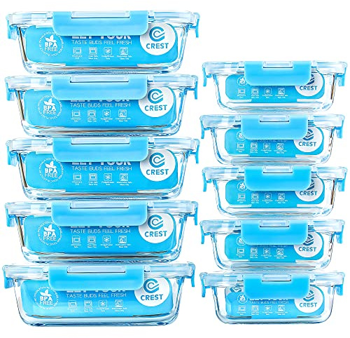 C CREST 10er-Set Glas-Frischhaltedosen, luftdicht, BPA-Frei, Geeignet für Mikrowelle, Gefrierschrank und Spülmaschine
