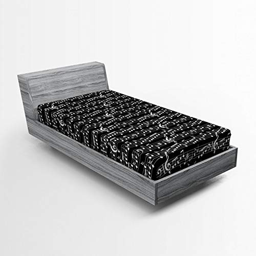 ABAKUHAUS Schwarz Spannbetttuch, Musical Note Drucken, Soft Dekorativer Stoff Bettwäsche Rund-um Elastischer Gummizug, 90 x 200 cm,Schwarz Weiß